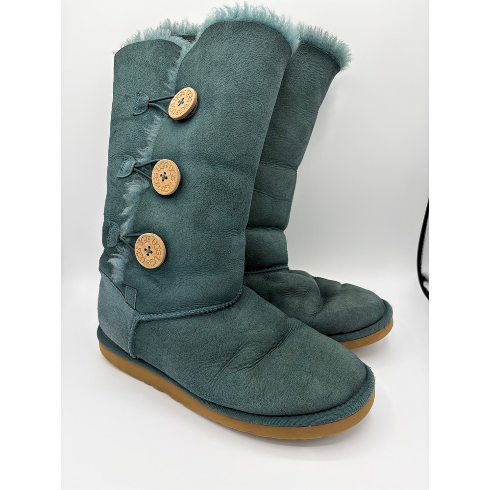 UGG Australia Bailey Button Triplet Teal Blue Suede Tall Winter Boots Womens 8